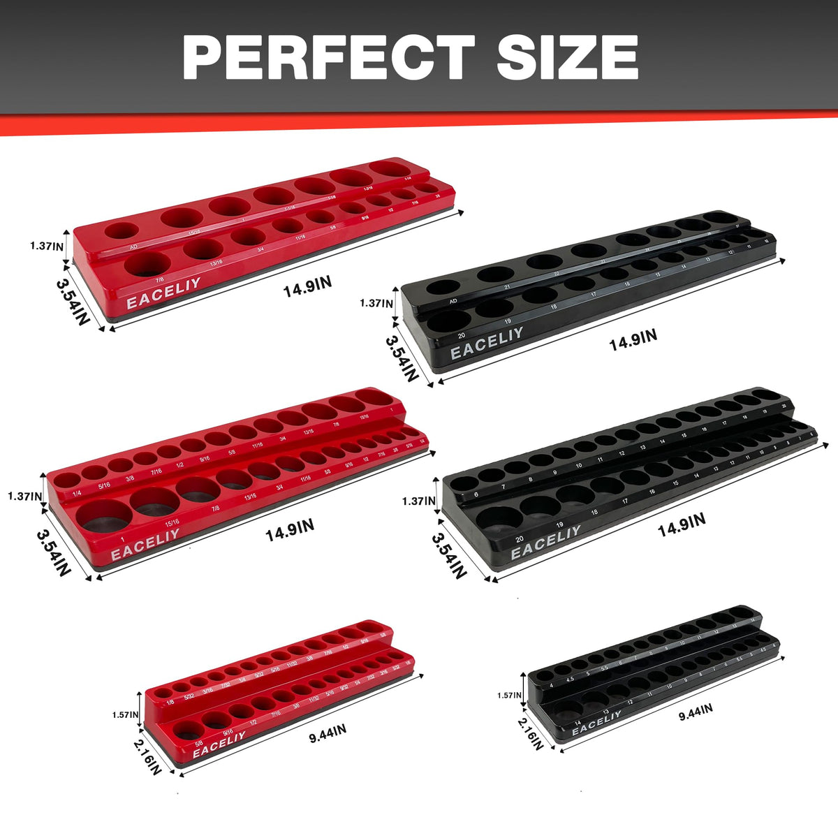 Magnetic Socket Organizer Set, 1/2", 1/4" and 3/8" SAE & Metric Deep & Shallow Socket Holder Kit, holds 141 stanard Sockets, attaches to steel box/tool cart (sockets not included) 丨6PCS