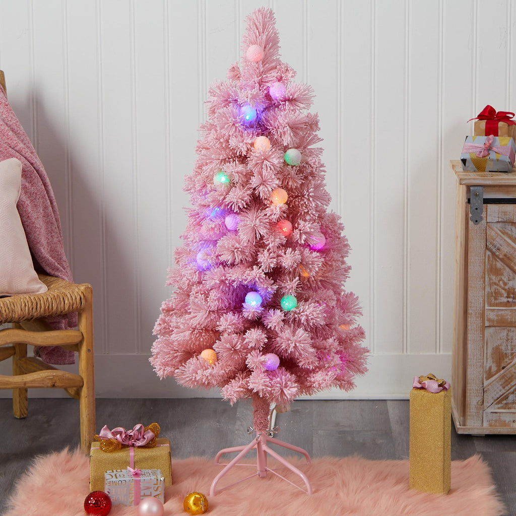 Nearly Natural 4ft. Holiday Frosted Pink Cashmere Artificial Christmas Tree with 30 Jumbo Multicolored Globe LED Lights