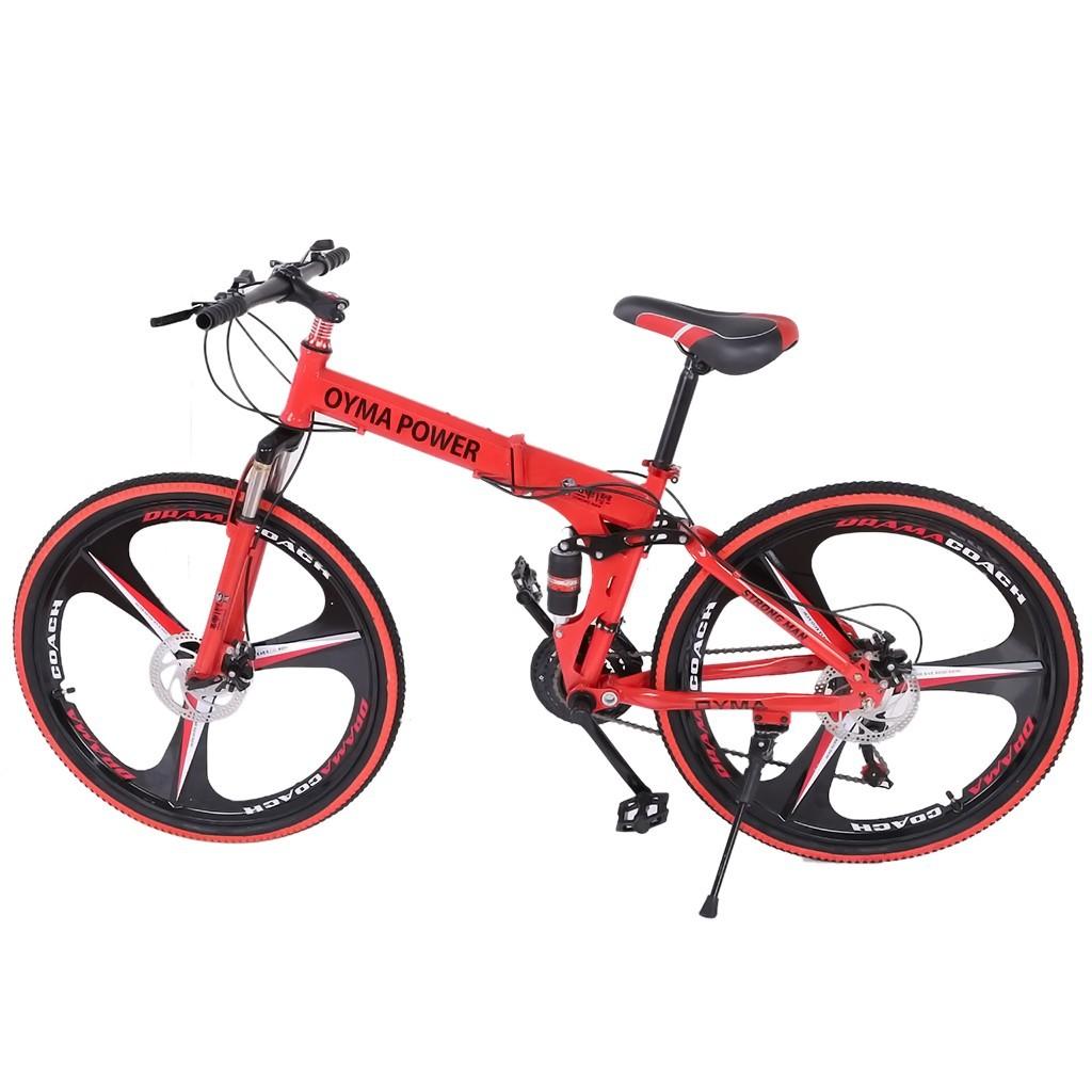 Sokhug Folding Mountain Bike for Men Women, 26 In. 21 Speed Carbon Steel MTB for Adults, Full Suspension Disc Brake Outdoor Bikes ,Red