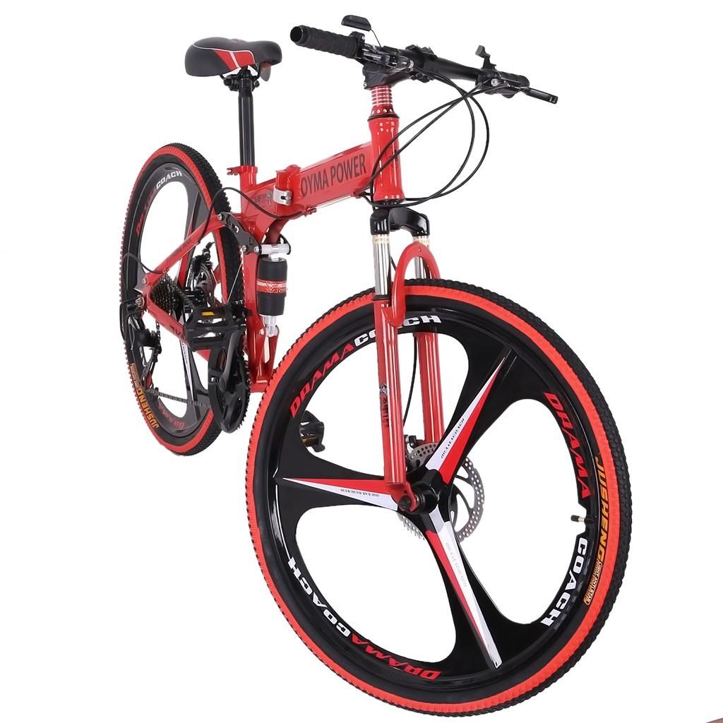 Sokhug Folding Mountain Bike for Men Women, 26 In. 21 Speed Carbon Steel MTB for Adults, Full Suspension Disc Brake Outdoor Bikes ,Red
