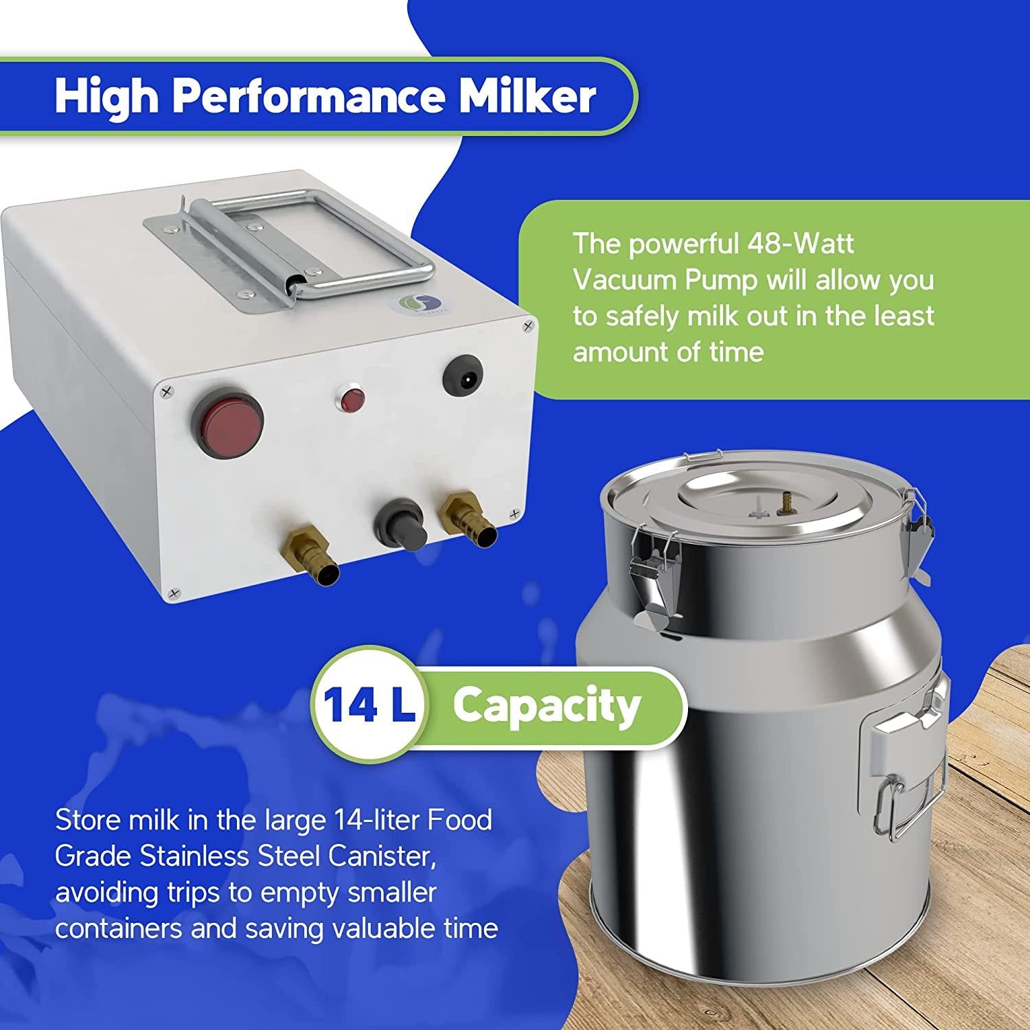 clarexa goat milking machine 14l, electric vacuum pulsation pump milker, 2 in 1 goat &amp; sheep milker, with 14l food grade stainless steel cannister, overflow auto-stop