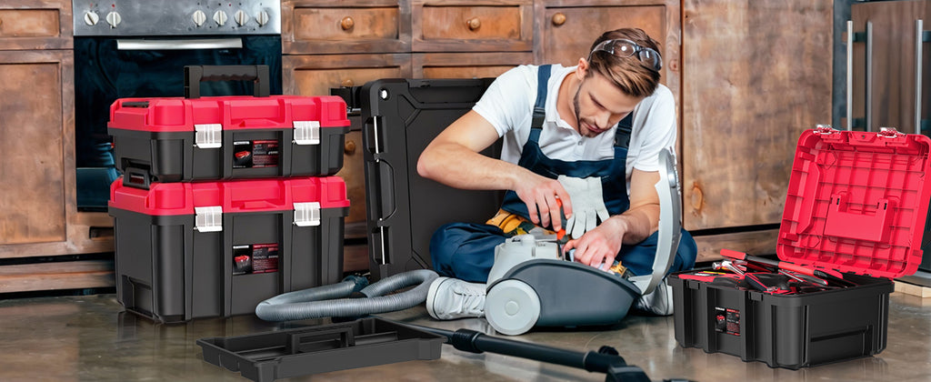 3-in-1 Rolling Tool Box with Wheels,Stackable Modular Tool Organizer System,17" Portable Waterproof Toolbox on Wheels for Garage,Mechanics and Home Repair (Red-Black)