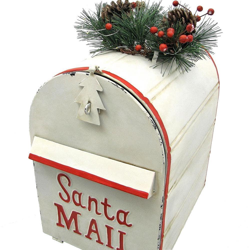 42 in. Tall Standing Santa's Mail Christmas Mailbox with Light-up Wreath in Antique White