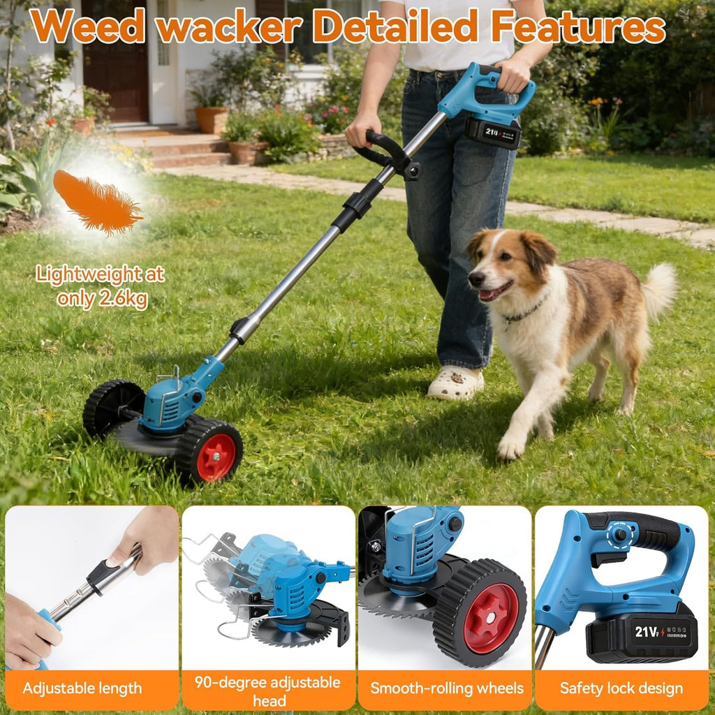 Electric Weed Wacker,Cordless Weed Eater 20000R,Battery Powered, 4-in-1 Brush Cutter with Wheel,Lawn Mower for Grass, 6 inch String Trimmer for Shrubs, Weeds,Weed Trimmer for Garden Yard