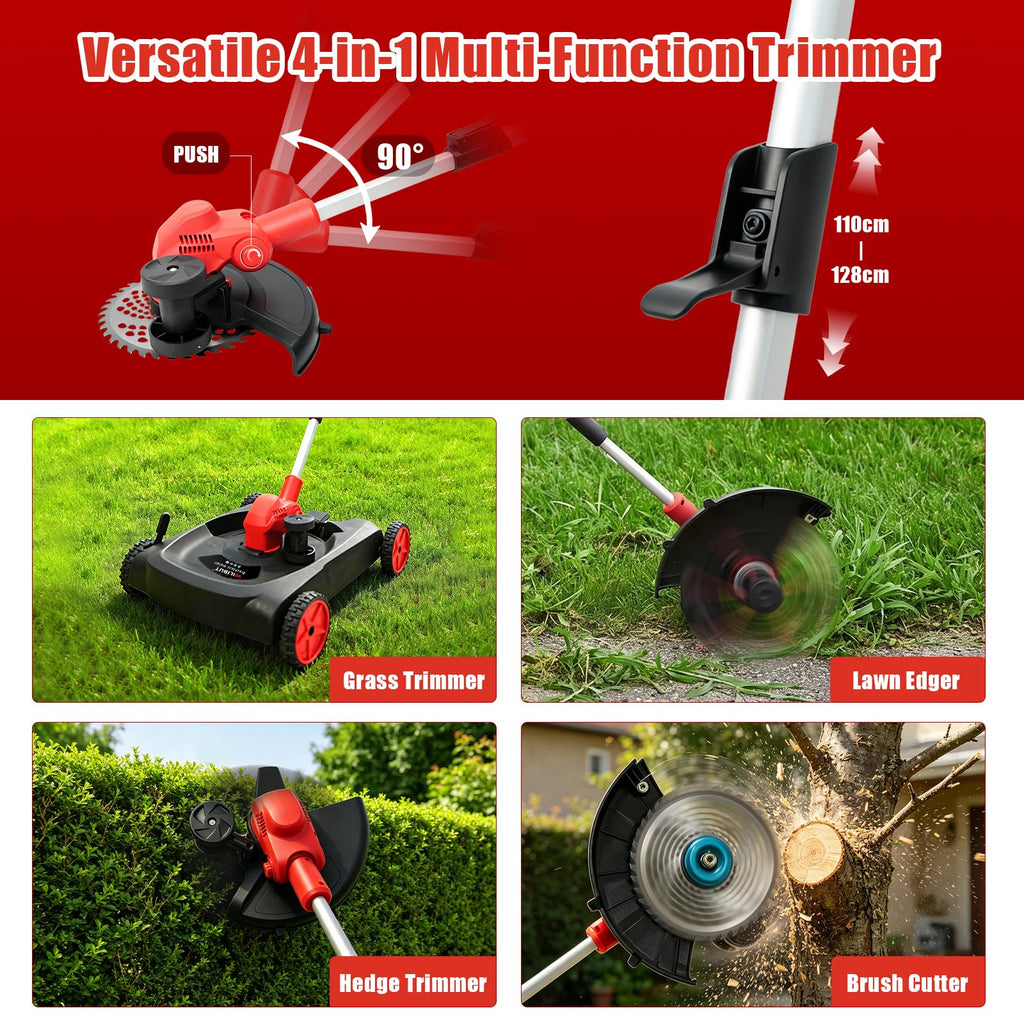 4-in-1 Cordless Lawn Mower, Weed Eater and Edger Combo, Adjustable Height &amp; Angle, Electric String Trimmer with Wheels Grass Trimmer for Garden Yard (2x4.0Ah Battery &amp; Charger Included)