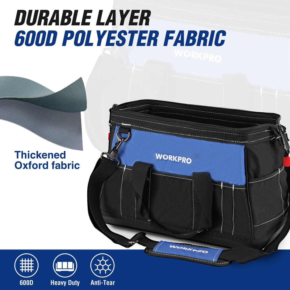 16-inch Wide Mouth Tool Bag with Water Proof Molded Base | Multi-Pocket, Heavy Duty Cloth, Adjustable Shoulder Strap, Double-pull Zipper, For Workshops, Outdoor Projects