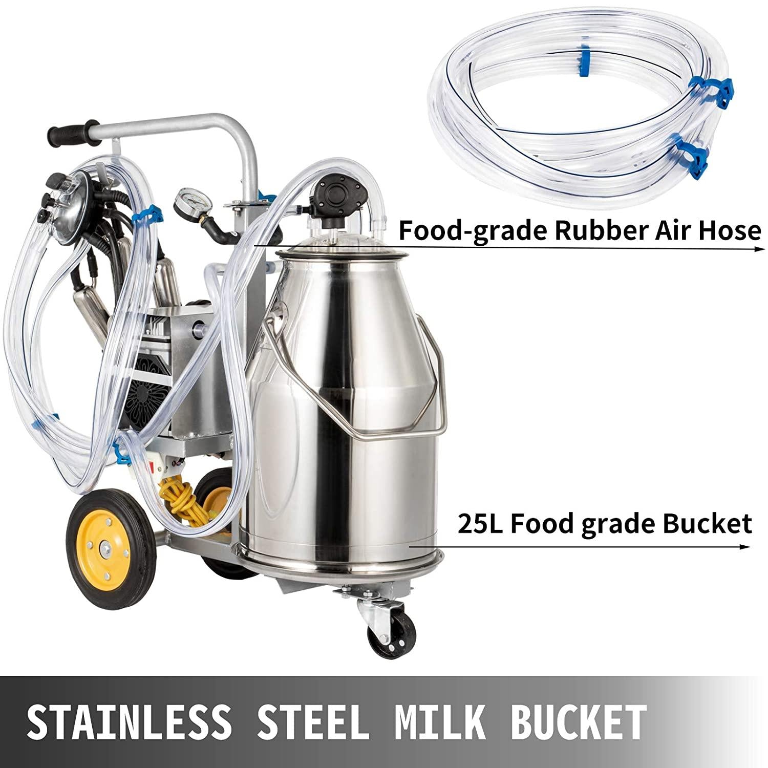 happybuy electric milking machine 25l,milker machine 5-8 cows per hour, 0.55kw 1680 rpm milking equipment with 25l 304 stainless steel bucket single cow milking machine bucket milker for cows and goat