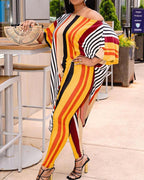color block striped long sleeve blouse with pants suit sets