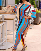 color block striped long sleeve blouse with pants suit sets