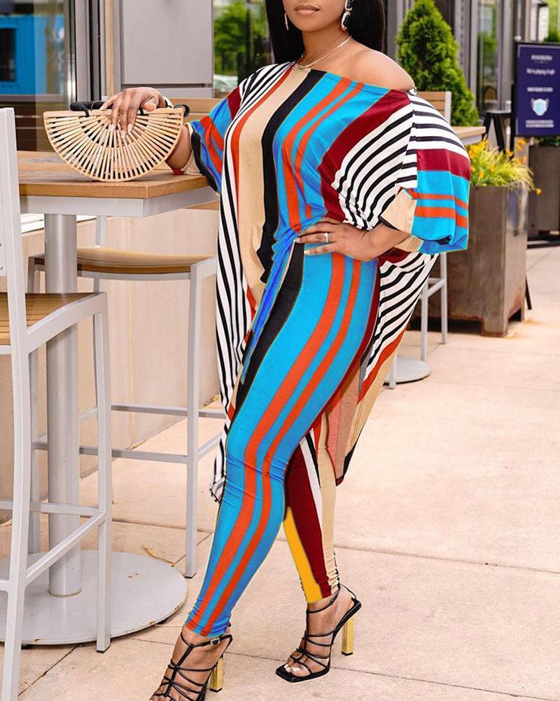 color block striped long sleeve blouse with pants suit sets