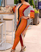 color block striped long sleeve blouse with pants suit sets
