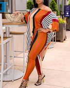 color block striped long sleeve blouse with pants suit sets