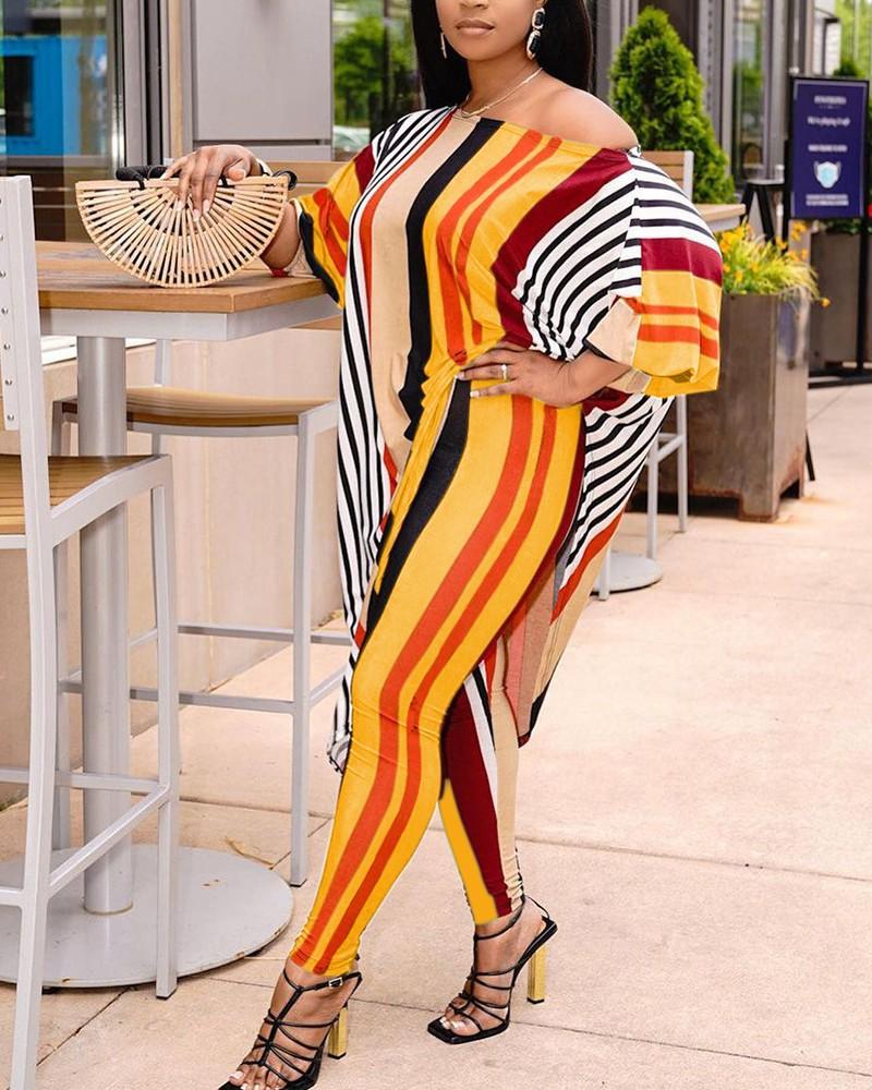 color block striped long sleeve blouse with pants suit sets