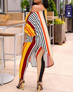 color block striped long sleeve blouse with pants suit sets