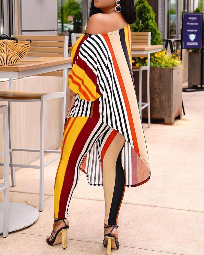 color block striped long sleeve blouse with pants suit sets