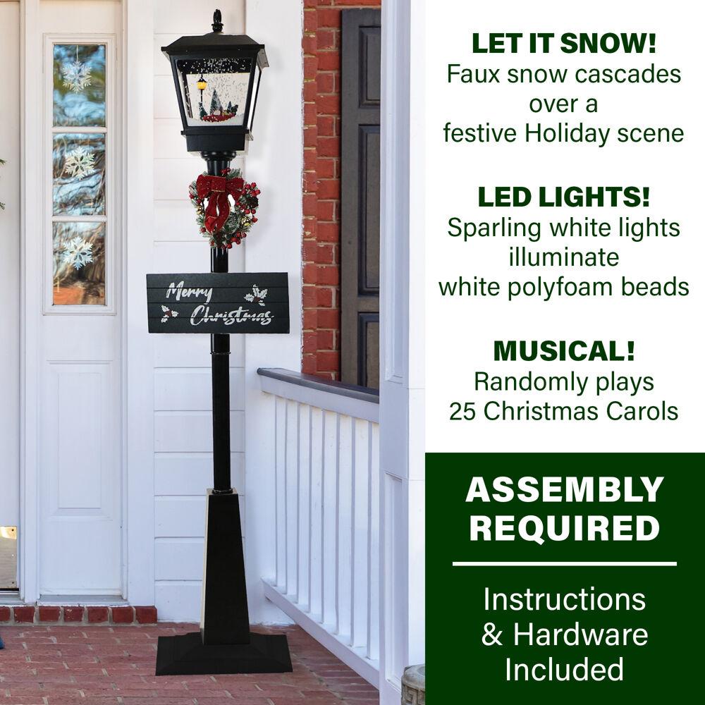 Fraser Hill Farm Let It Snow Series 71-In. Musical Street Lamp in Black with Car Scene, 2 Signs, Cascading Snow, and Christmas Carols