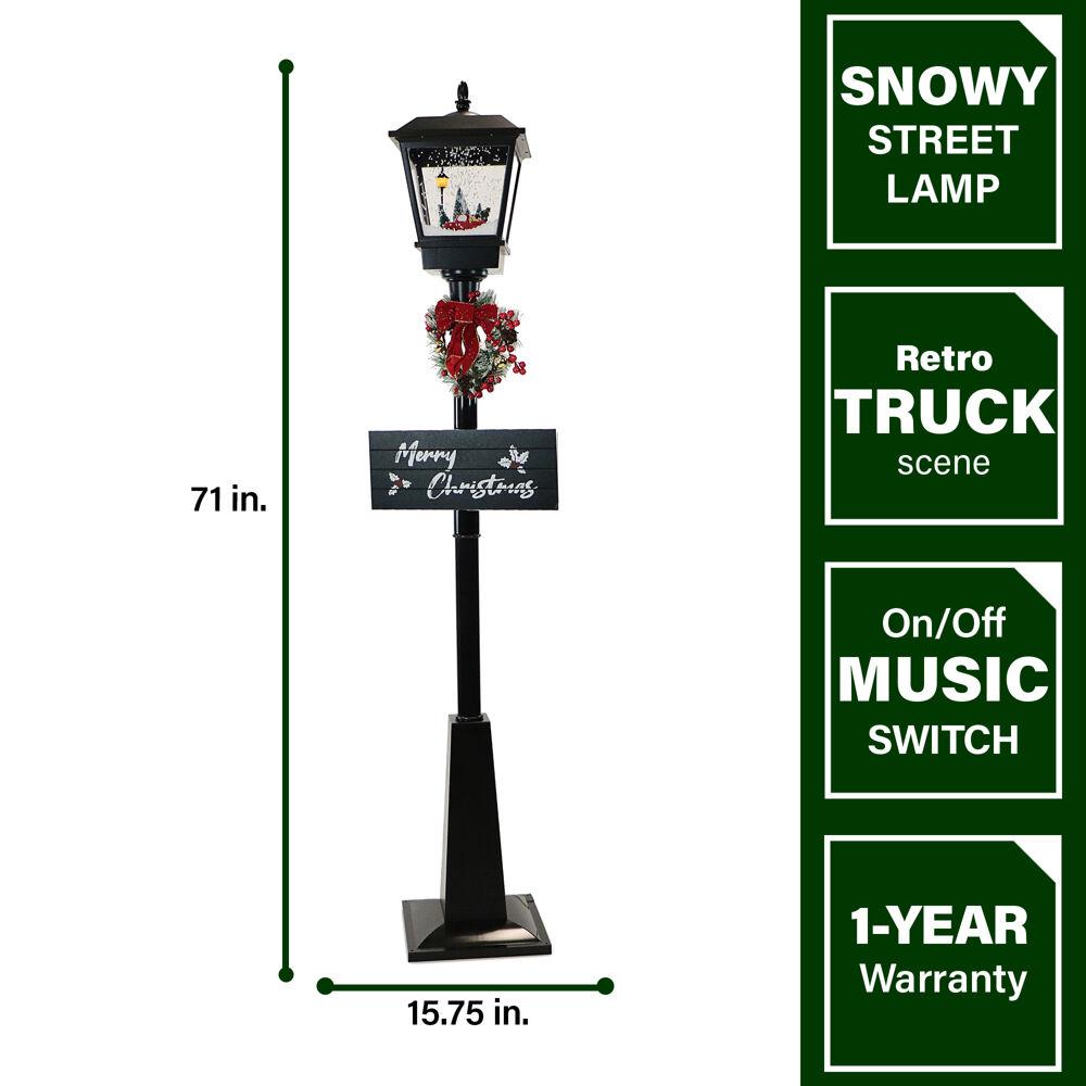 Fraser Hill Farm Let It Snow Series 71-In. Musical Street Lamp in Black with Car Scene, 2 Signs, Cascading Snow, and Christmas Carols