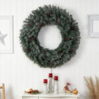 48 in. Prelit LED Large Flocked Artificial Christmas Wreath with Pinecones, 150 Clear LED Lights