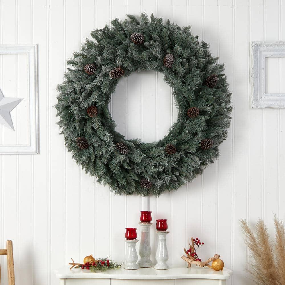 48 in. Prelit LED Large Flocked Artificial Christmas Wreath with Pinecones, 150 Clear LED Lights