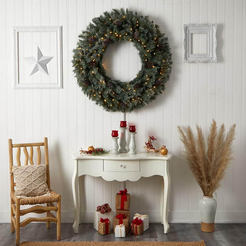 48 in. Prelit LED Large Flocked Artificial Christmas Wreath with Pinecones, 150 Clear LED Lights