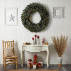 48 in. Prelit LED Large Flocked Artificial Christmas Wreath with Pinecones, 150 Clear LED Lights