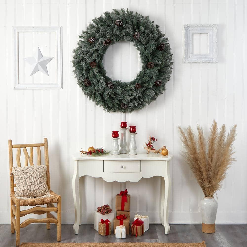 48 in. Prelit LED Large Flocked Artificial Christmas Wreath with Pinecones, 150 Clear LED Lights