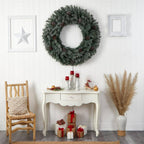 48 in. Prelit LED Large Flocked Artificial Christmas Wreath with Pinecones, 150 Clear LED Lights