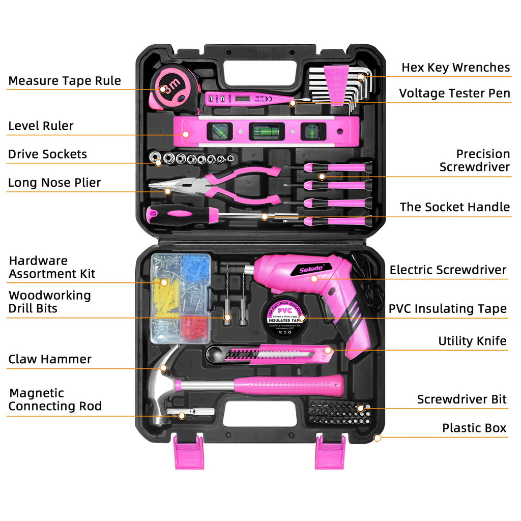 Pink Tool Set for Women,130 Piece Home Tool Kit for Women with 3.6V Cordless Rechargeable Screwdriver,Basic Household Tool Kit Set for Home,Apartment,ColleDorm & DIY Projects