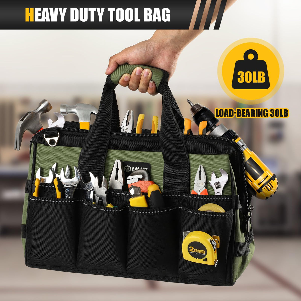 Heavy Duty Tool Bag 15-Inch, 16-Pocket Portable Empty Tool Box Organizer, Big StoraToolbox Organization, Soft Handle LarZipper Carrying Toolbag, Father Day Gifts for Him Dad Men, Green