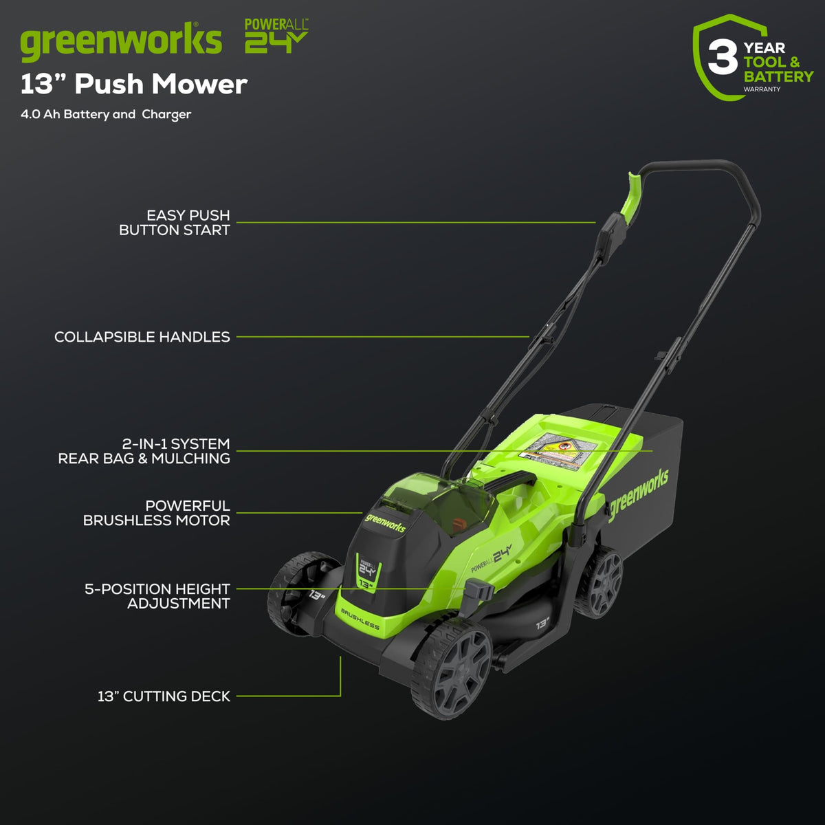 24V 13“ Brushless Cordless Lawn Mower with 4.0Ah Battery &amp; Charger,Maintenance-Push Mower with 2-in-1 Mulch/Bag