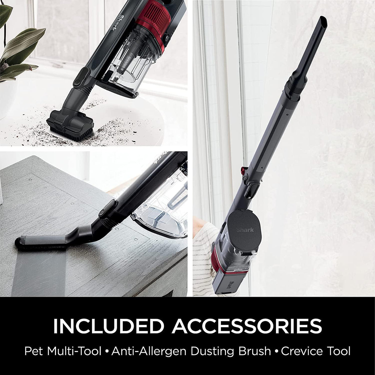 Shark IZ662H Vertex Pro Lightweight Cordless Stick Vacuum with IQ Display, DuoClean PowerFins &amp; MultiFLEX, Includes Crevice Tool, Pet Multi-Tool &amp; Anti-Allergen Dusting Brush, 60min Runtime, Black/Red