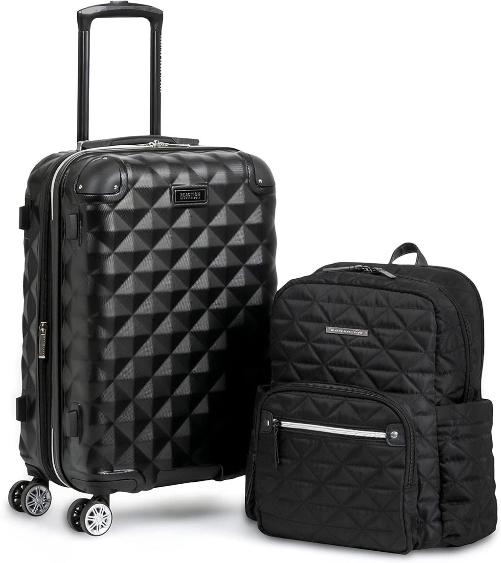 Diamond Tower Luggage Collection Lightweight Hardside Expandable 8-Wheel Spinner Travel Suitcase, Black, 2pc Bundle (Carry On+Backpack)