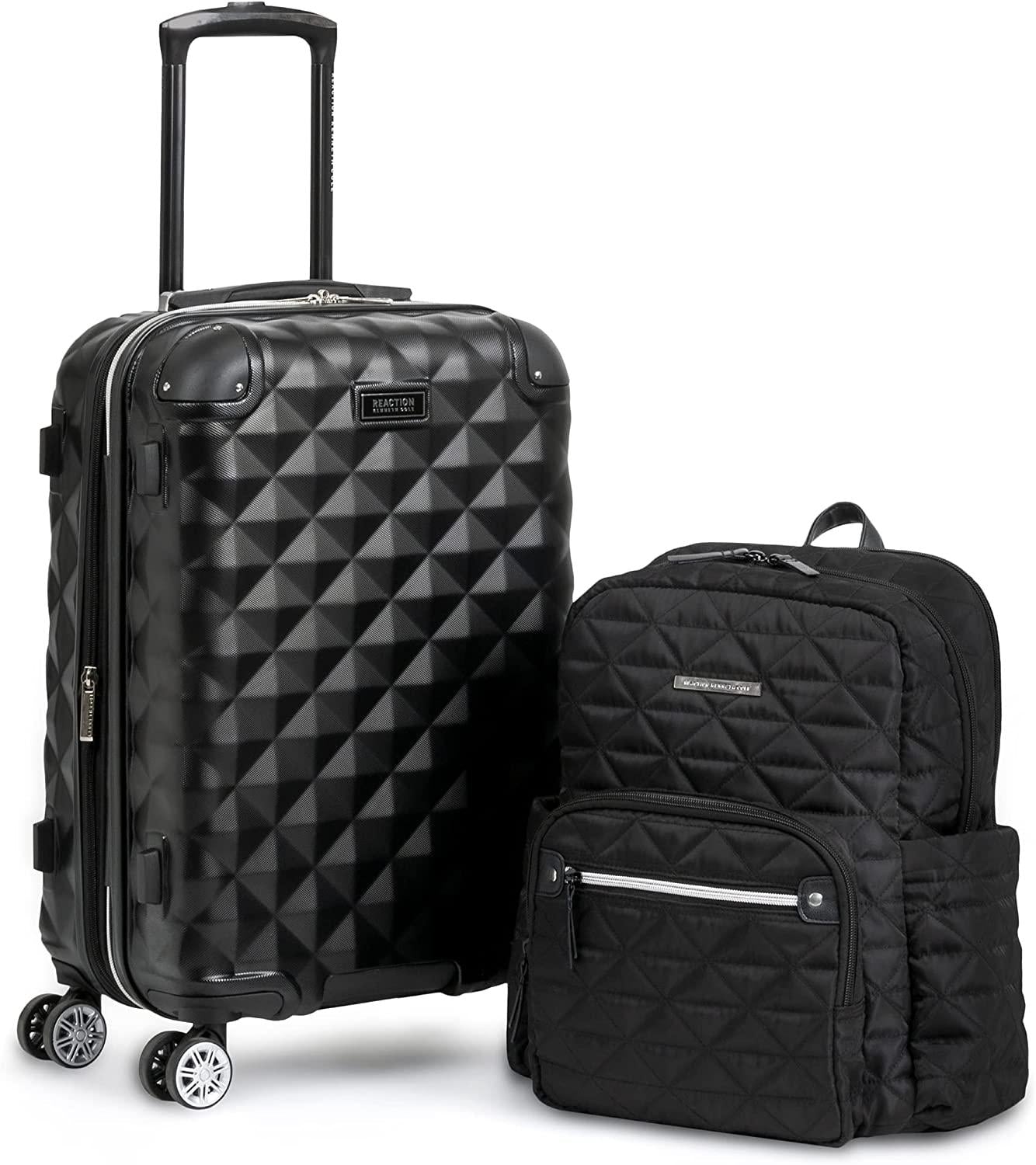 Diamond Tower Luggage Collection Lightweight Hardside Expandable 8-Wheel Spinner Travel Suitcase, Black, 2pc Bundle (Carry On+Backpack)