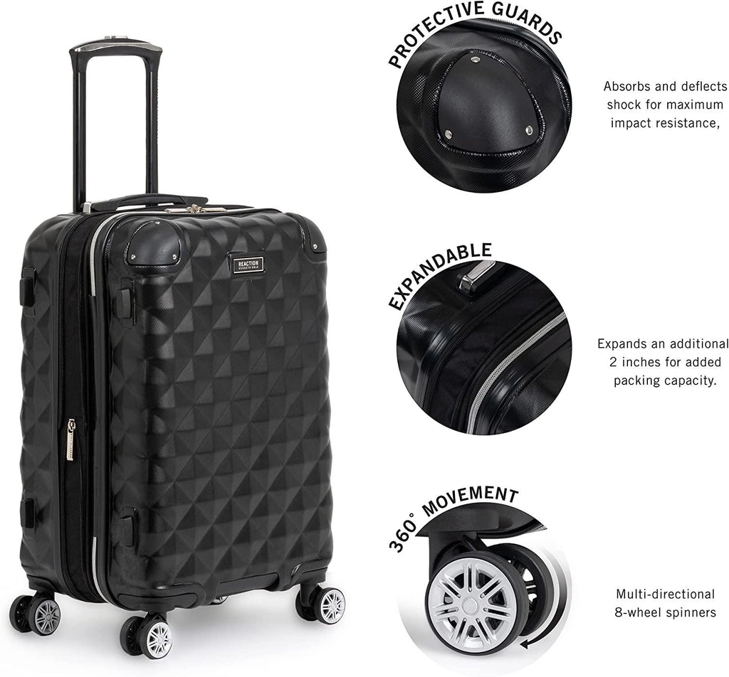 Diamond Tower Luggage Collection Lightweight Hardside Expandable 8-Wheel Spinner Travel Suitcase, Black, 2pc Bundle (Carry On+Backpack)