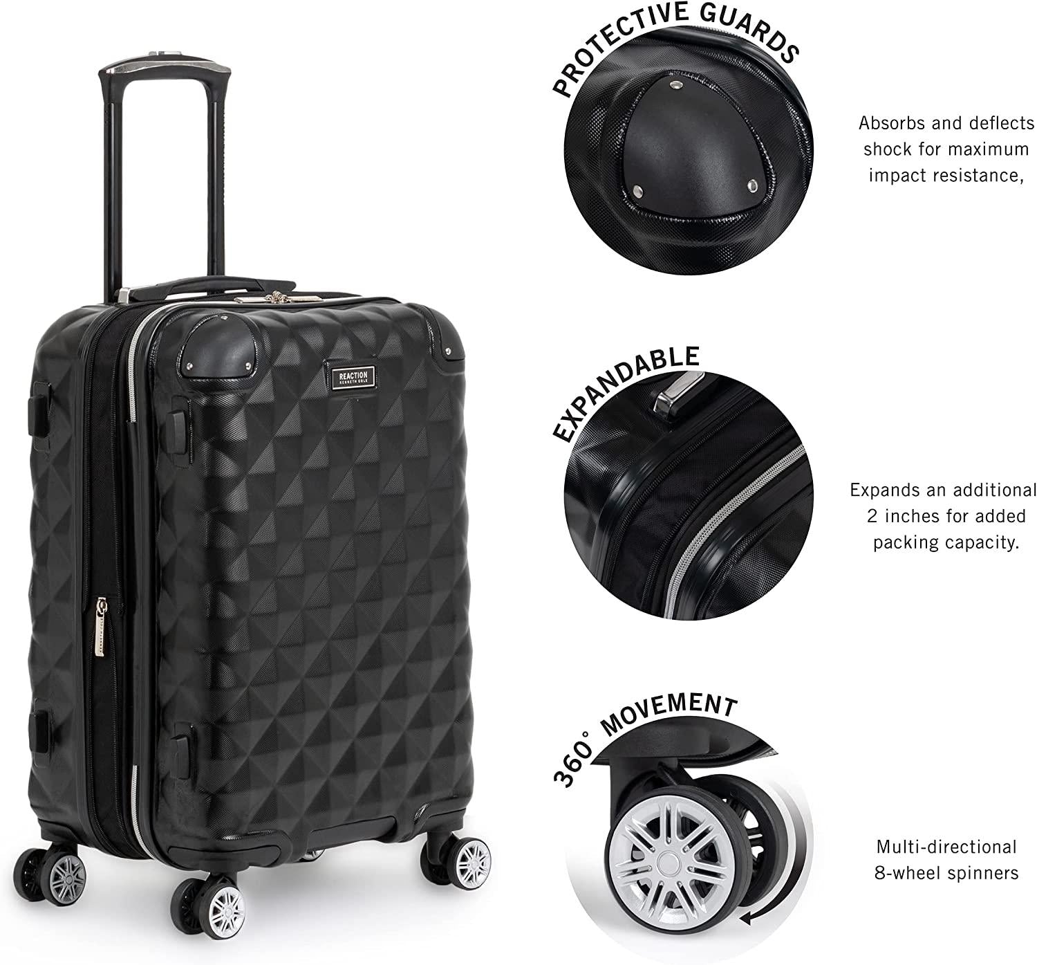 Diamond Tower Luggage Collection Lightweight Hardside Expandable 8-Wheel Spinner Travel Suitcase, Black, 2pc Bundle (Carry On+Backpack)