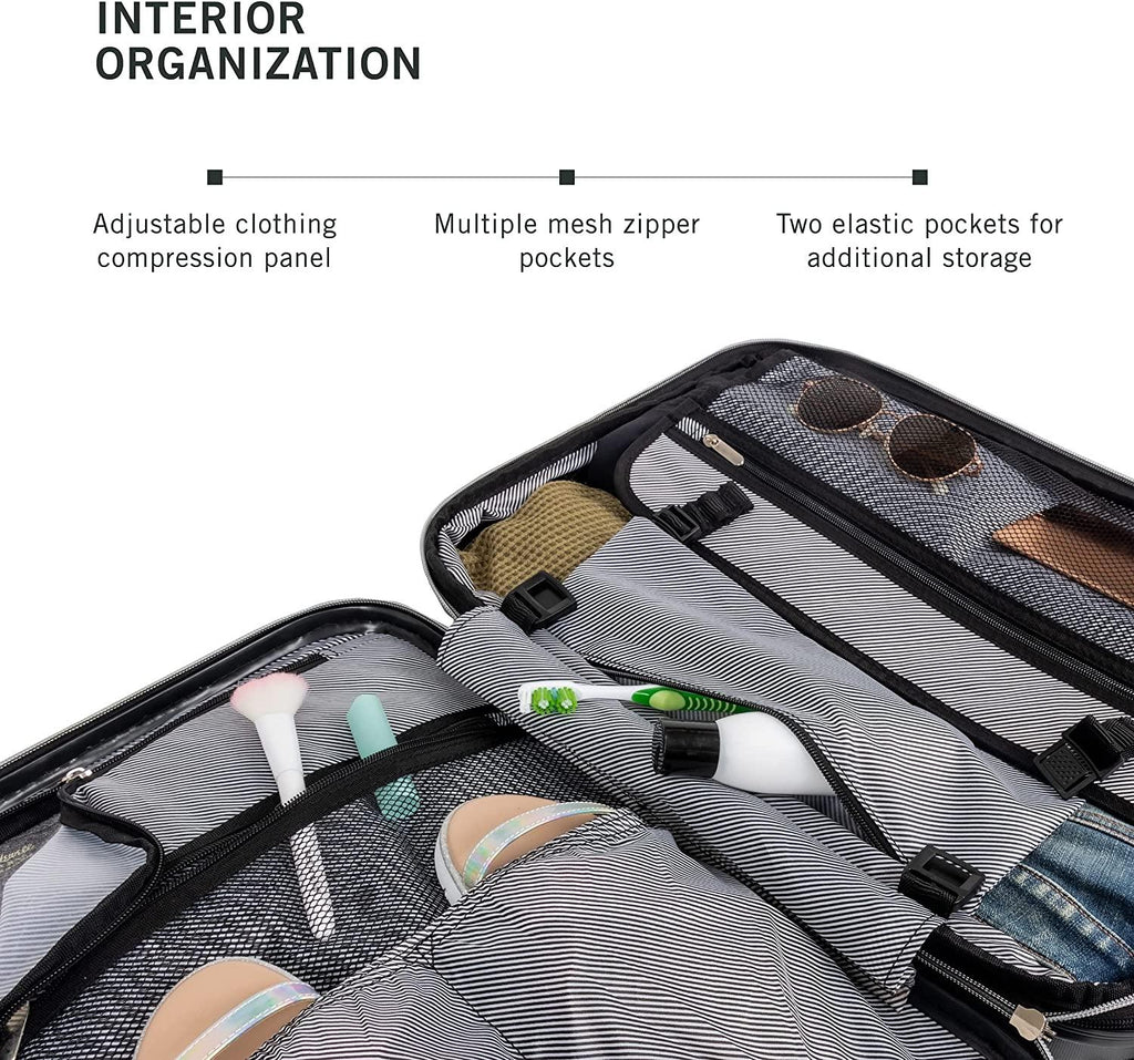 Diamond Tower Luggage Collection Lightweight Hardside Expandable 8-Wheel Spinner Travel Suitcase, Black, 2pc Bundle (Carry On+Backpack)