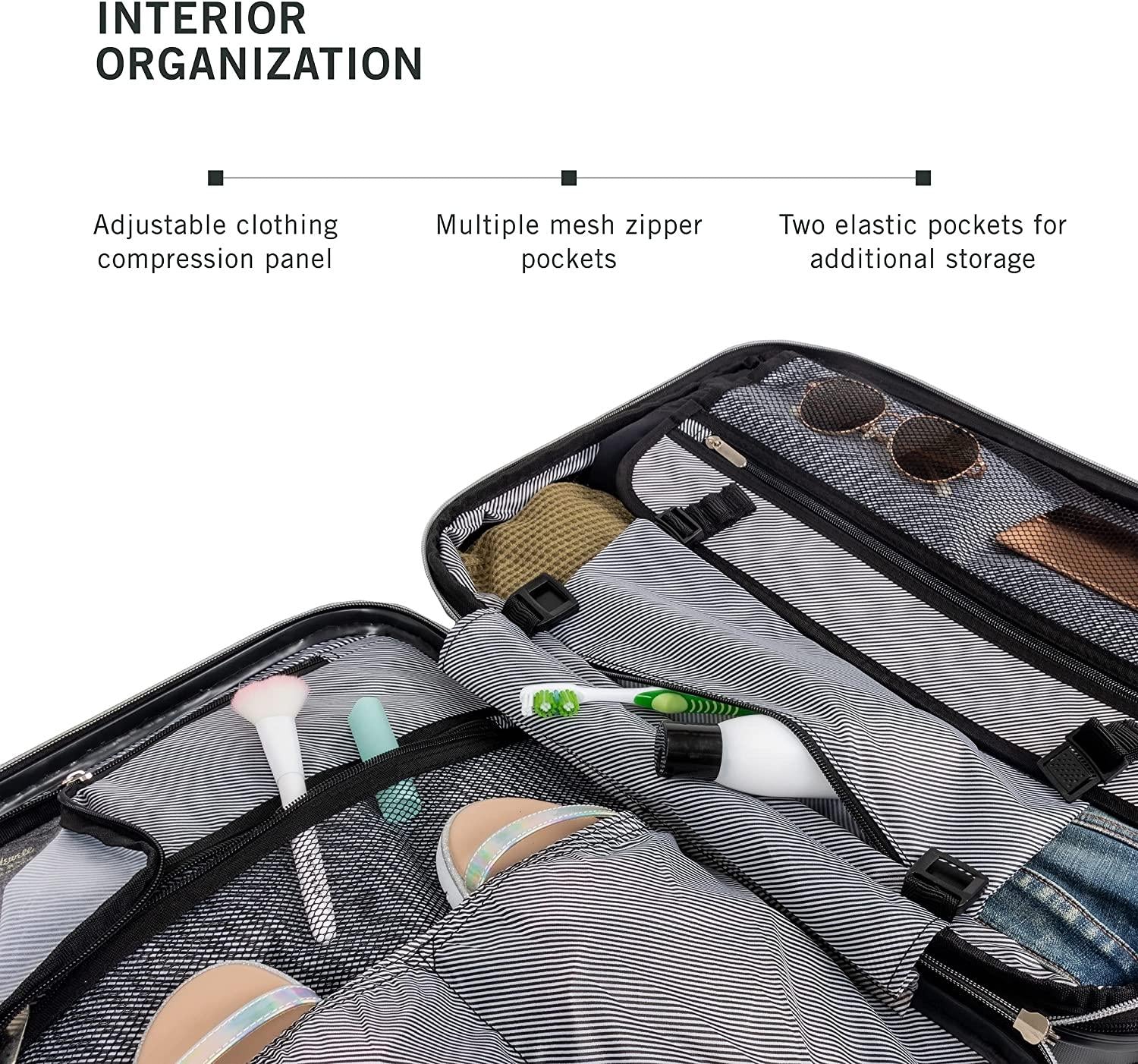 Diamond Tower Luggage Collection Lightweight Hardside Expandable 8-Wheel Spinner Travel Suitcase, Black, 2pc Bundle (Carry On+Backpack)