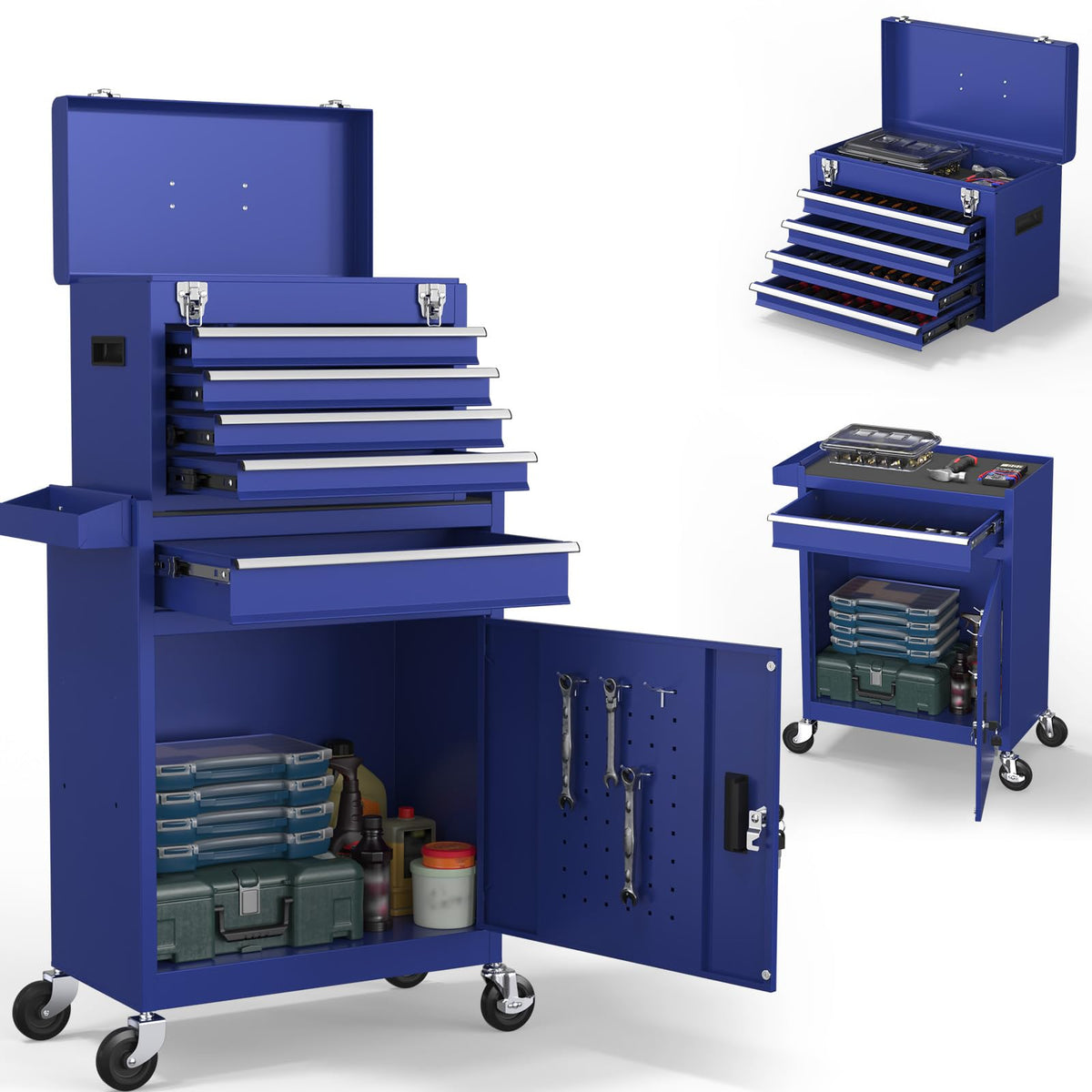 5-Drawers Tool Chest, 2-in-1 Rolling Tool Box with Wheels and Drawers, Detachable StoraToolbox with Lock, Heavy-Duty Metal Tool Cart for Garage, Workshop (Blue)