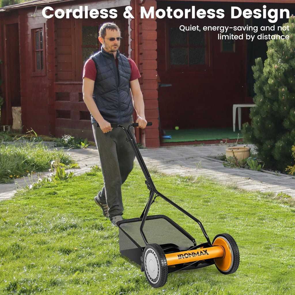 Manual Lawn Mower, 14 Inch 5-Blade Walk-Behind Cordless Grass Cutter with 7 Gallon Removable Grass Collect Bag, Adjustable Cutting Heights, Push Reel Lawn Mower for Yard, Garden