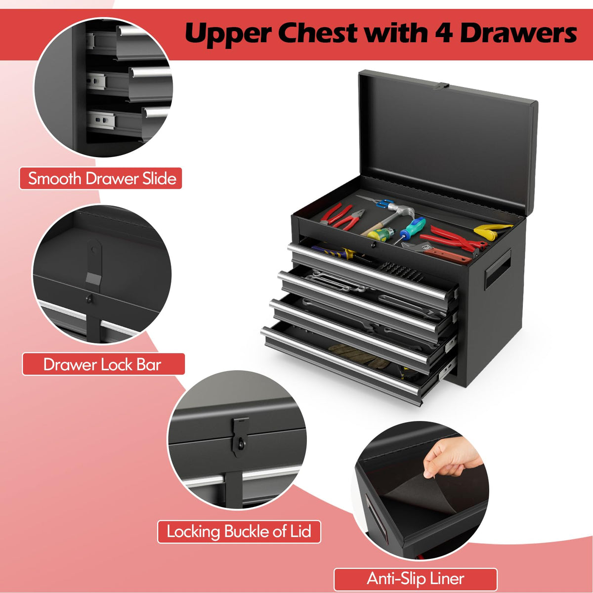 Tool Chest, 5-Drawer Rolling Cabinet with Detachable Top Toolbox, Lockable Wheels, Lock Bar, Protective Liner & Tool Rack, Metal StoraCart for GaraWorkshop