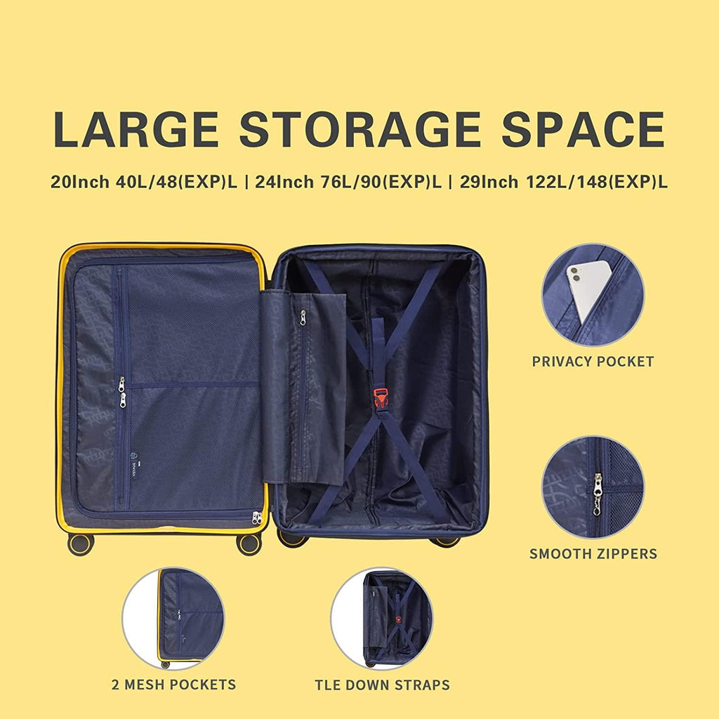land 3 Piece Luggage Sets with X-Large Spinner Wheels, Expandable Hardshell Luggage Sets, Travel Suitcase Set TSA Approved (20/24/29-Inch, Yellow)