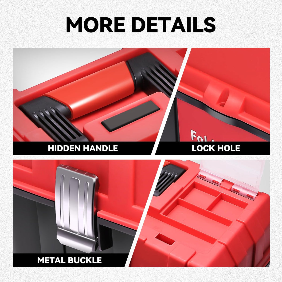 Tool Box Organizer Portable 3-layer Folding Toolbox with Non-slip Handle Tray for Garage, Workshop and On-the-Go Repairs, Red/Black
