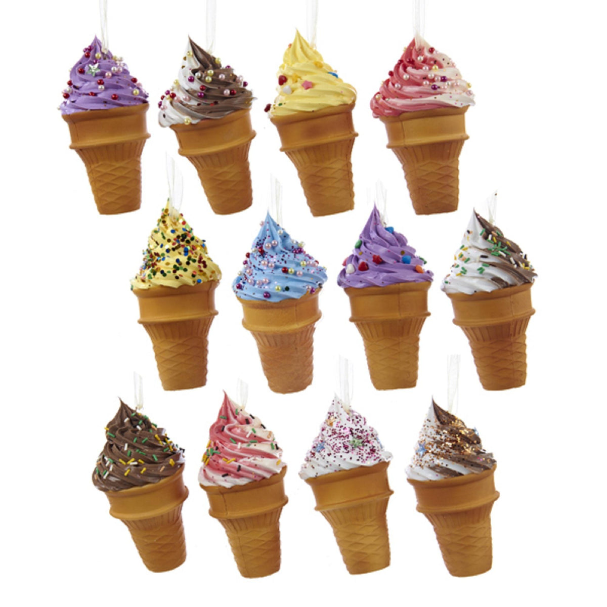 Set of 12 Sugar Town Decorated Ice Cream Cones Holiday Christmas Ornaments 5"