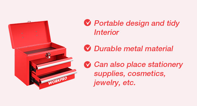 Portable Mini Metal Tool Box with 2 Drawers | Metal Tool Chest, Ball Bearing Slides, Top Storage, Latch Handle, PVC Drawer Liners, PP Feet Pads