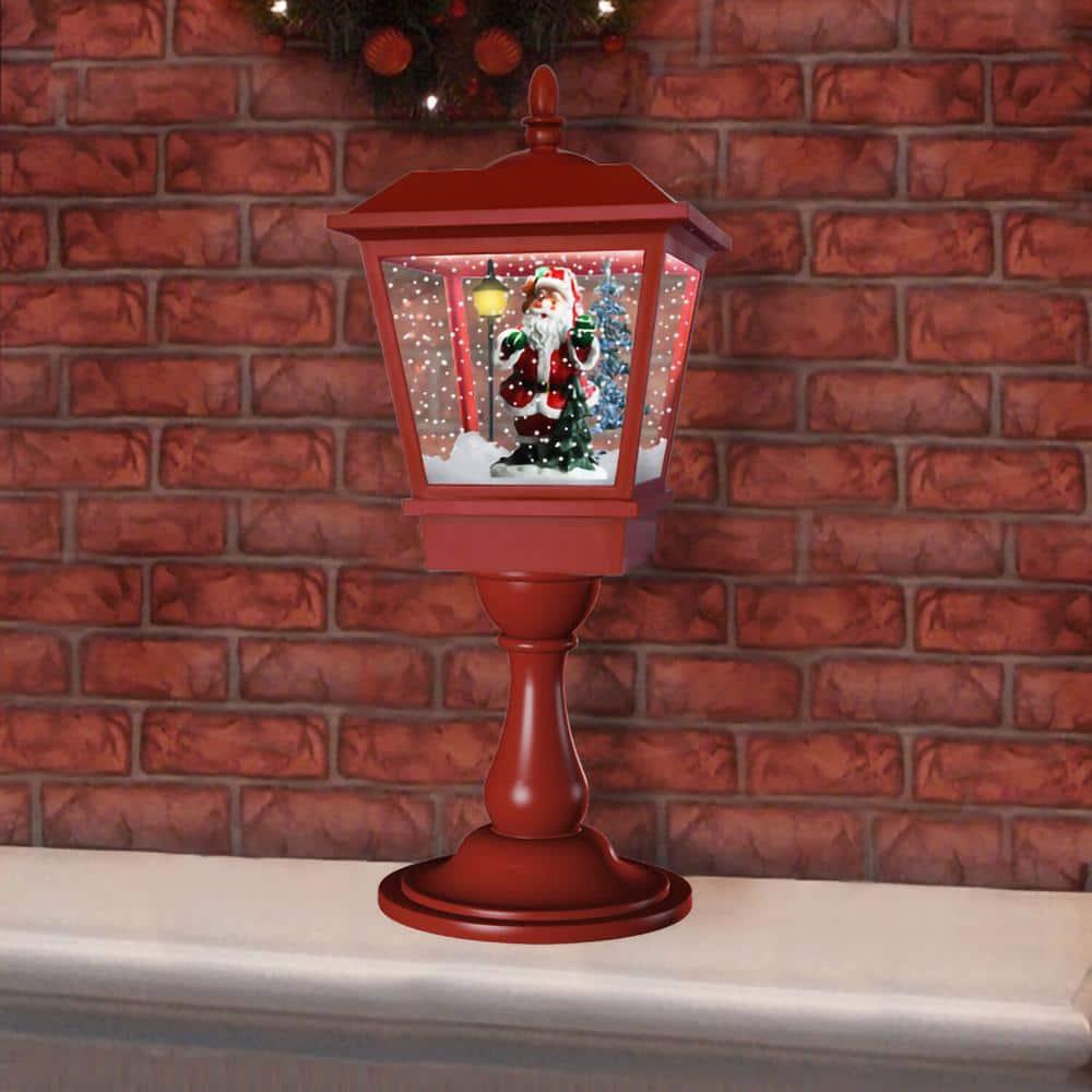 25 in. Christmas Tabletop Musical Snowy Lantern with Sant Scene, Cascading Snow and Christmas Carols