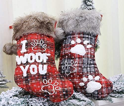 ZMDZA 2PS Christmas Dog Paw Socks Pet Socks Fur Collar Lattice English Socks Christmas Tree Pendants Christmas Decorations