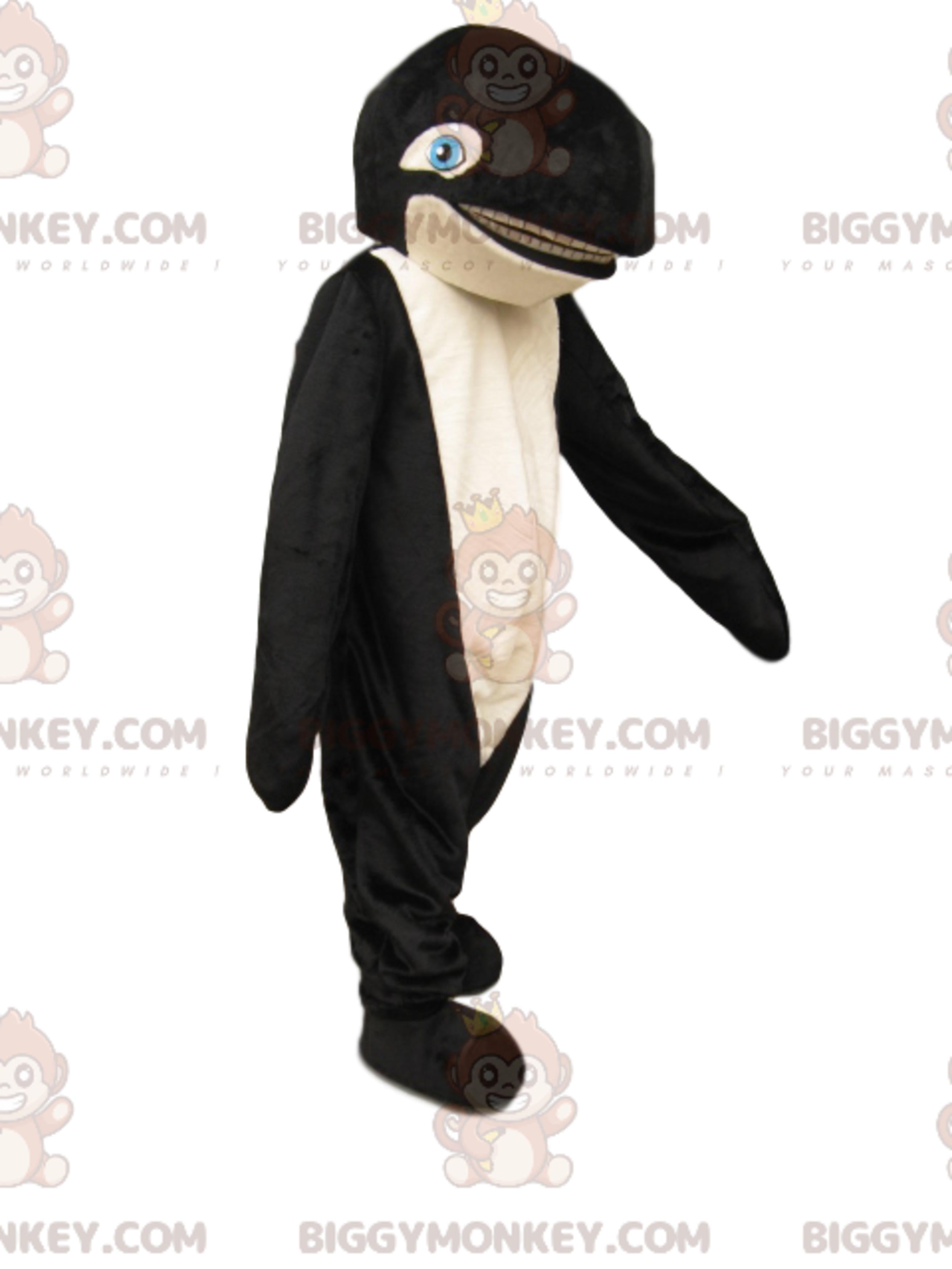 BIGGYMONKEYMascot Costume of Black and White Orca with Blue Eyes