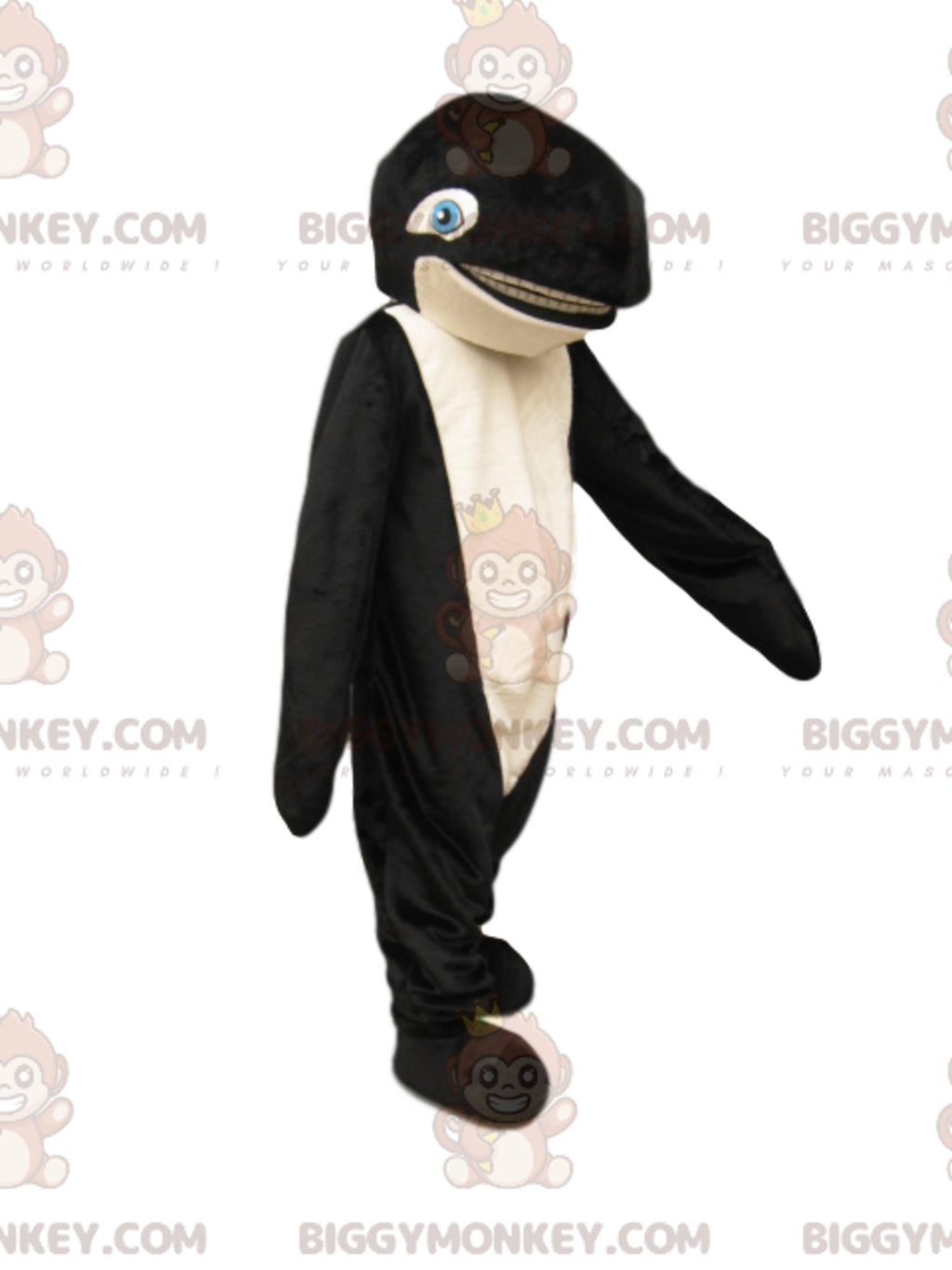 BIGGYMONKEYMascot Costume of Black and White Orca with Blue Eyes