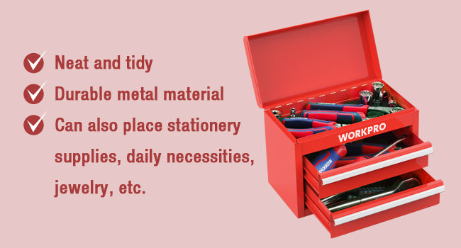 Mini Metal Tool Box with 2 Drawers and Top Stora| Cold Rolled Steel, Small Tool Chest, PVC Liners, PP Feet Pads, Drawer Liners & Magnetic Tabs