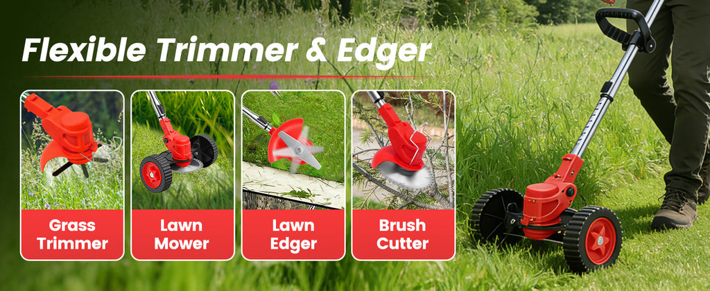 24V Electric Weed Wacker with Wheels, Grass Trimmer Cordless, 3 in 1 Weed Eater Battery Powered with 2pcs Batteries &amp; Charger, Weed Trimmer/Brush Cutter/Edger Lightweight for Lawn &amp; Yard